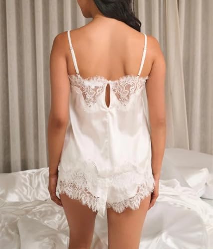 Image of ROAONOCOMO Women Lace Trim Pj Shorts Set Square Neck Coquette Tank Top Silk Satin Pajama Set Babydoll 2 Piece Shorts Outfit