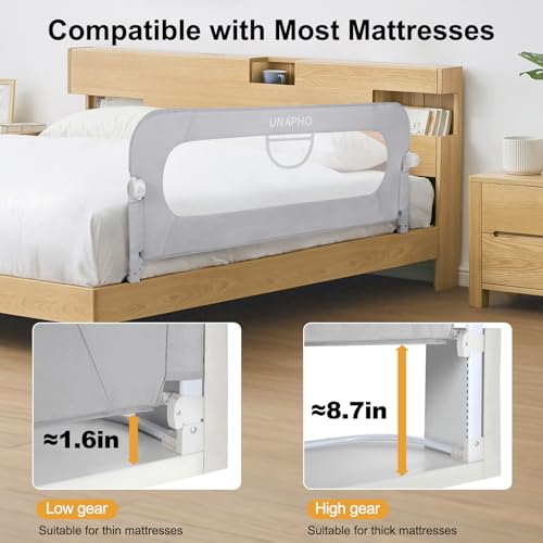 Image of Bed Rail for Toddlers,Swing Down Kids Bed Rails Guard for Twin,Full,Queen,Bunk Size Bed,Extra Tall Child Bed Rail Guard with Reinforced Anchor Safety System (Grey, 63 Inch(63 inch L x 31 inch H))