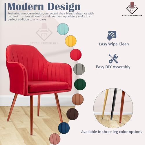 Image of Set of 2 Accent Chair for Living Room | Modern Armchair in Soft Velvet Fabric with Sturdy Legs | Premium Chair for Home Living Room Bedroom Restaurent | (Bronze Legs, Red)