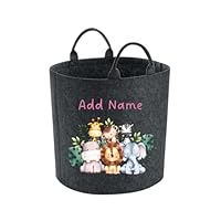 Kids Personalised Toy Basket - Large 50l - Cute Safari Animals - Laundry Hamper for Girls and Boys, Large (Charcoal)