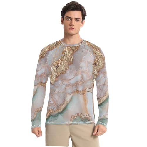 Marble White Rose Gold Sun Protection SPF Rash Guard Shirt Loose Crew Neck Loose Mens Sun Protection Long Sleeve Running