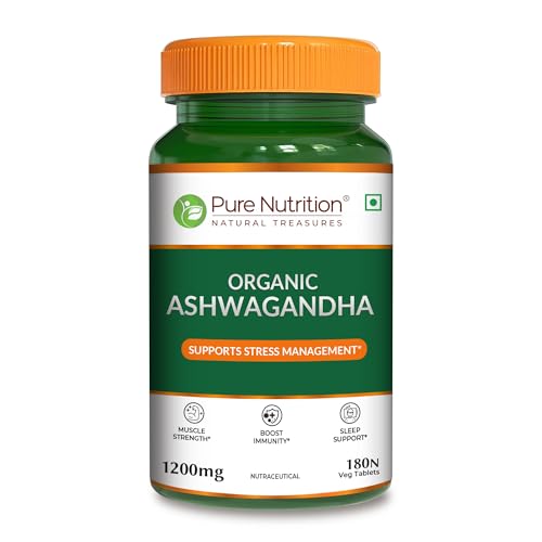 Image of Pure Nutrition Organic Ashwagandha Tablets | 180 Veg Tablets | Supports Stress Relief, Sleep, Fertility, Immune Health, Vitality & Strength | Natural Adaptogen for Men & Women | Promotes Energy & Overall Wellness | Ayurvedic Supplement