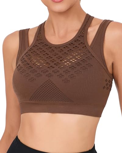 Image of RUNNING GIRL Sports Bras for Women High Support,Seamless Ribbed Longline High Neck Sports Bra Racerback Padded Crop Top Yoga, Black