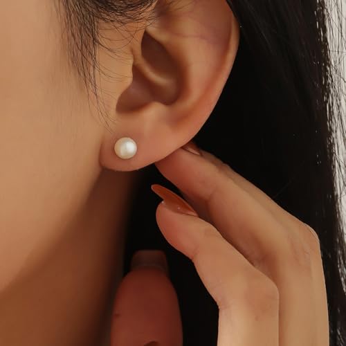 Image of Freshwater Pearl Stud Earrings for Women - Hypoallergenic 925 Silver Plated With 14k Gold Genuine Round White Pearls Elegant Gift for Her