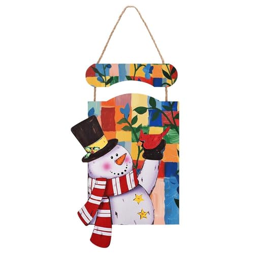 Tableau de Noël en bois suspendu avec motif bonhomme de neige aux pétales bleus