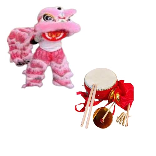 Quepiem Chinese Double Lion Dance Mascot Costume with 2 Pants + Gong Drums for 15+ Teens Halloween Christmas New Year Carnival Festivall(Light Pink)