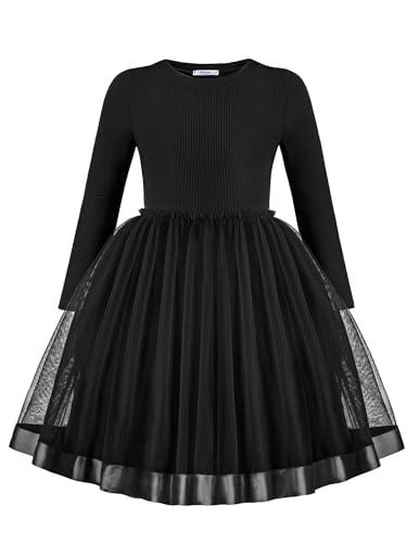 Arshiner Mädchen Pulloverkleid Tüll Kinder Festliches Kleider Herbst Winter Rundhals Langarmkleid A-Linie Freizeit Kleid für Mädchen 11-12 Jahre Schwarz