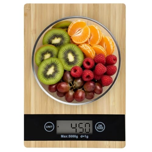 Báscula de cocina, Balanza Digital, Pantalla LCD, Táctil, Función de tara, Peso max 5kg, Bandeja 100% Bambú natural, Marrón, 23 x 16 cm (Marron - Rectangular)