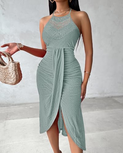 CHICME Womens Summer Halter Dress Hollow Out A Line Vacation Dresses with Eyelet Embroidery & Side Slit2
