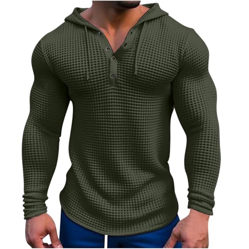 Men's Waffle Hooded T-Shirt Long Sleeve Button-Down Henley Shirt Solid Color Casual Fashion Pullover Hoodies All-Match Tee Tops Army Green