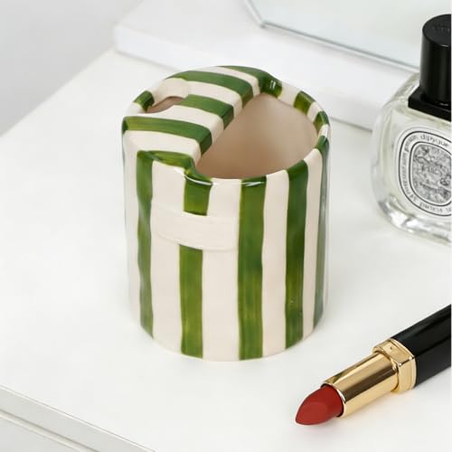Taza de Cerámica Rayada Verde con Orificio para Sorbo miniatura 4