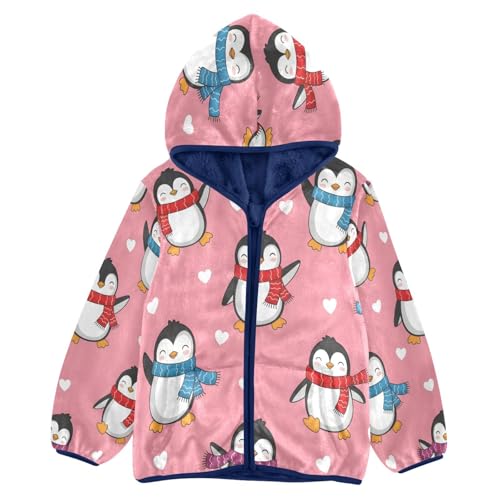 Penguin Pattern with Scarves Toddler Fleece Jacket Girl Boys Hooded Fleece Jacket Coat Warm Outwear Zip-up 3-10T