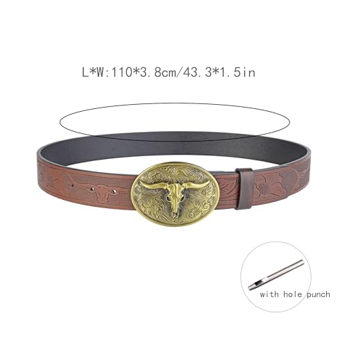 CHIC DIARY Men Western Belt Cowboy PU Leather Waist Belts Vintage Waist Strap Bull Decoration Floral Engraved for Jeans4