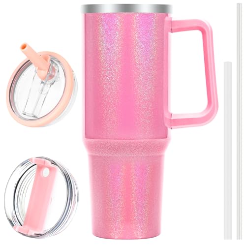QDXMD 40 oz Tumbler with Handle and Flip Straw Lid, Vacuum Insulated Leak Proof Double Walled Stainless Steel Glitter Travel Mug Tumblers, Maintains Cold Ice and Heat for Hours(Pink)
