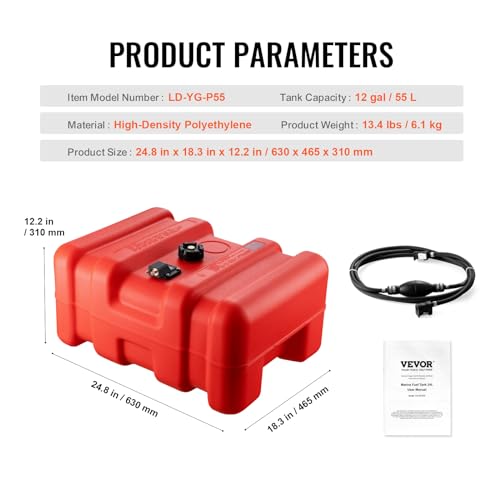 VEVOR Portable Fuel Tank, 12 Gallon/55L, Plastic Outboard Marine Tank with Hose, Easy to Carry for Yacht, Fishing, Deck Boats, Red