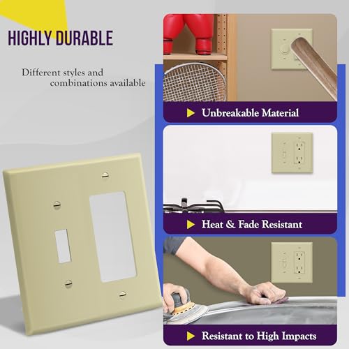 Image of ENERLITES Combination Toggle Switch /Decorator Switch Wall Plate, Mid-Size 2-Gang 4.88 x 4.92 inch, Polycarbonate Thermoplastic, 881131M-I, Ivory