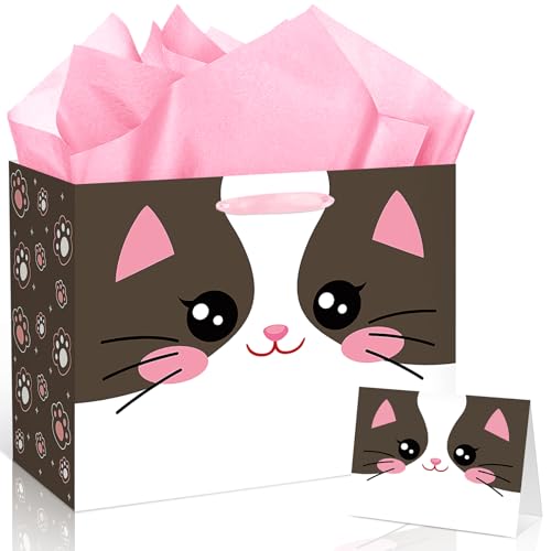 Tuxedo Cat Birthday Gift Bag Snowshoe Cat Gift Wrapping Bag with Tissue Paper Greeting Card Cats Lovers Funny Kitty Paw Favors Decorations for Girls Boys Feline Pet Adoption Baby Shower Party Supplies