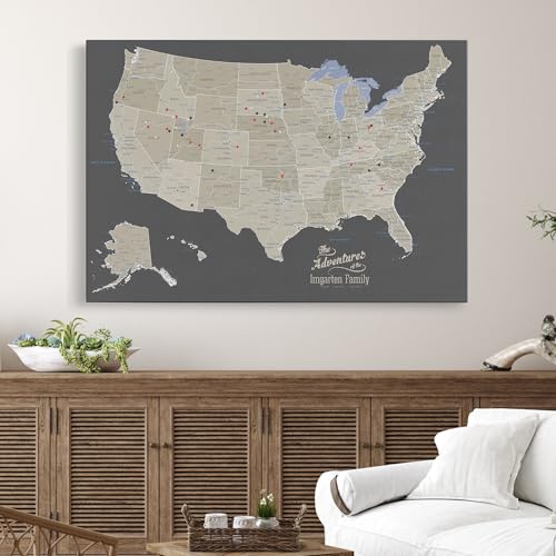 Image of United States Travel Map with Pins - Earth Tone USA Pinnable Map to Track Travels - Extra Large Canvas Wall Art Gift for Travelers - Gallery Wrap - 34 inch x 51 inch