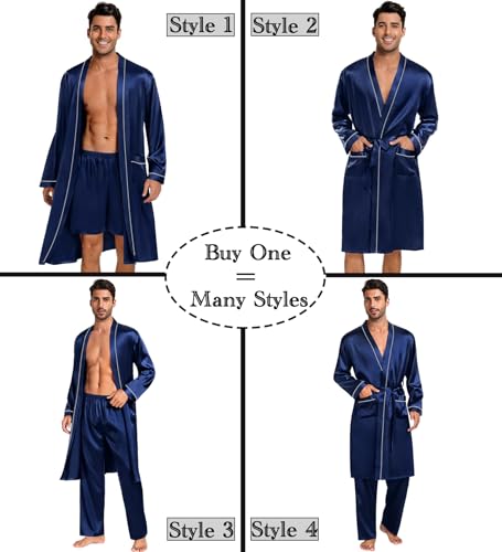 Image of SWOMOG Mens 3 PCS Satin Robe with Pants & Shorts Set Kimono Bathrobe Long Sleeve Sleepwear Pjs Sets with Pockets Deep Navy Blue Small