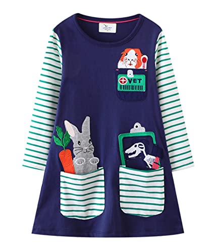 LOKTARC Toddler Girls Striped Cotton Long Sleeve Dress Casual Cartoon Jersey Dresses