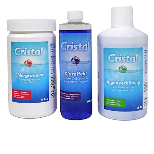 Cristal Wasserpflege Set 2,5 kg - Chlorgranulat schnell löslich - Algenverhütung - Klareffekt Trübungsentferner - Pflegebroschüre - Pool Whirlpool