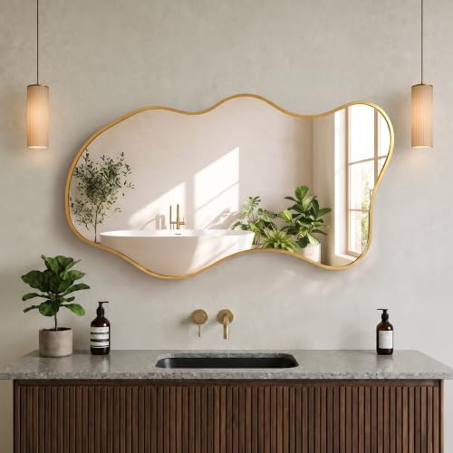 DRESSIA Irregular Gold Wall Mirror, Organic Wavy Asymmetrical Mirror, Modern Decorative Bathroom Mirror for Bedroom, Entryway & Living Room, 22"x40"