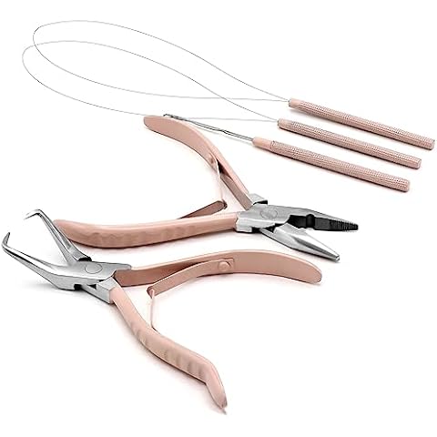 Professional Hair Extension & Beading Tool Kit Remove Plier Set for beads (4 Piece) I-Link Micro Ring Loop Needle Pulling Hook Threader Wire for Silicone Rings (Tea Pink) Cover
