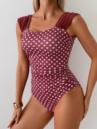 Image of B2prity Women's One Piece Swimsuit Tummy Control Full Coverage Bathing Suit | Retro Square Neck,Ruched Details,Wide Straps,Tie-Back,Modest