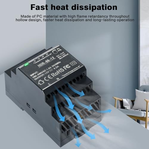 Image of DIN Rail Power Supply, 60W 12VDC 4.5A Switching Power Supply with Overload Protection and Stable DC Output (HDR-60-12)
