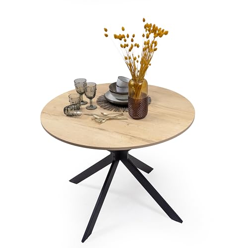 Homely® | Mesa Redonda de Comedor Core 100 cm | Mesa Moderna Industrial con Patas Metálicas Negras y Tapa Melamina Color Roble Artisan Natural | Cocina, Salón u Oficina