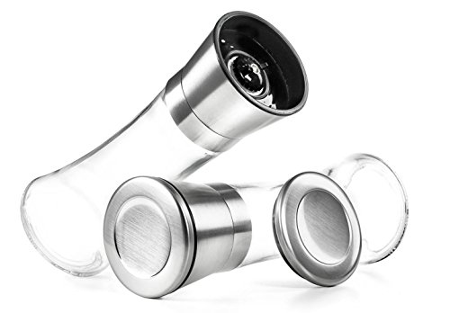 Levav Premium Salt And Pepper Grinder Set Of 2 - Brushed Stainless Steel Pepper Mill And Salt Mill, Glass Body, Size Grade Adjustable Ceramic Rotor-Salt And Pepper Shakers (Tall) #TOP2