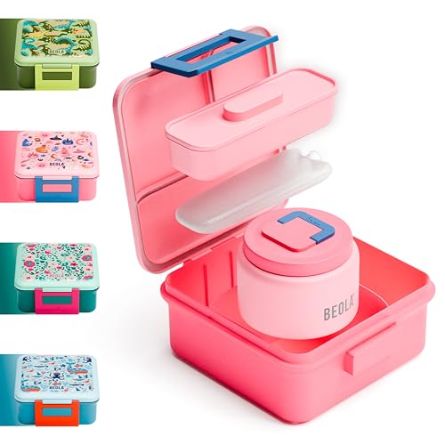 BEOLA Lunch Box for Kids with Food Jar Inside Multi Compartment Bento Lunch Box with 240ml Food Thermos and Ice Pack Tiffin Box for Kids with Insulated Steel Jar Lightweight BPA free (Unicat Magic)