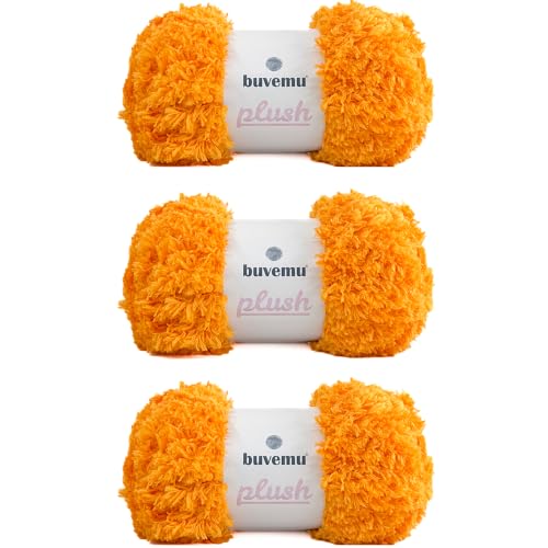 Buvemu Plush Faux Fur Yarn for Crochet, Knitting, Orange Peel, 3-Pack