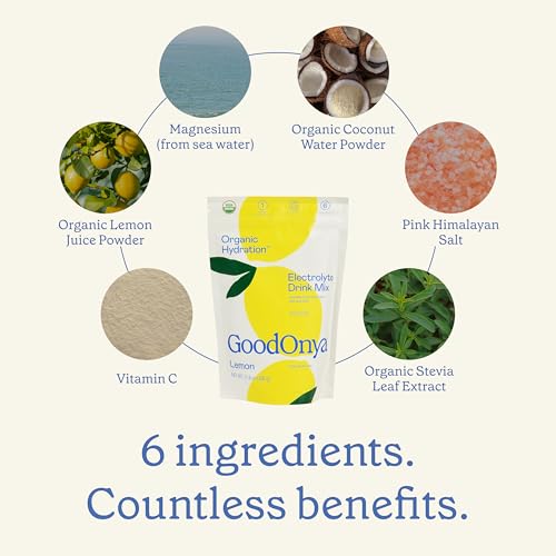 Image of GoodOnya Organic Hydration Electrolyte Drink Mix, Certified Organic Hydration Powder, Non-GMO, Biochecked Glyphosate Free, Low Sugar, Lemonade Flavor, No Artificial Flavors, 42 Servings
