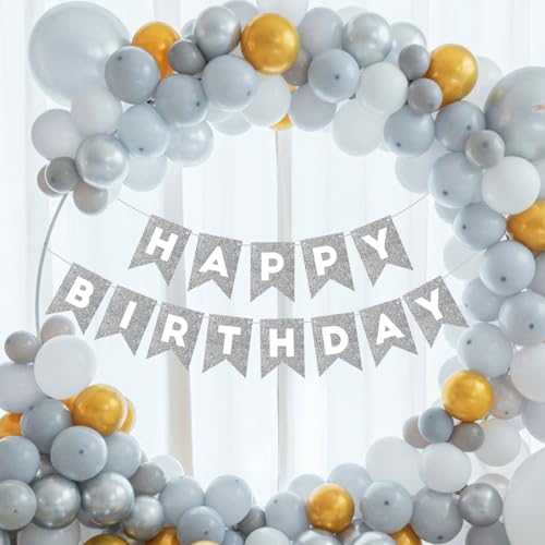 Image of Silver Happy Birthday Banner Happy Birthday Sign for Backdrop Silver Birthday Decorations for Women Men Birthday Party Garland Bunting Banner Kids Adults Party Supplies