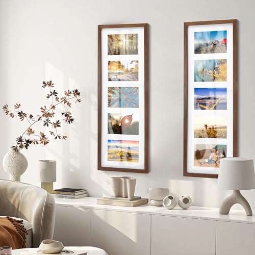 8x24 Oak Wood Picture Frame - 8x24 Photo Frame with Mat Display 5Pcs 4x6 Photos, 4x6 Picture Frame Wood, Natural Solid Wooden Picture Frames for Wall Art Photo and Prints(3 Pack, Walnut)