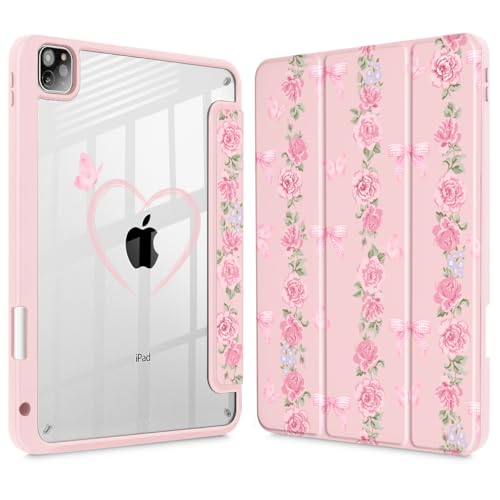 May Chen for iPad Pro 11 inch M2 4th Generation 2022, iPad Pro 11 3rd/2nd/1st Gen, Built-in Pencil Holder with Shockproof Cover Clear Transparent Back Shell Auto Wake/Sleep, Bow & Rose Flower