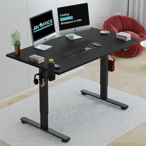 Image of JIN OFFICE Octave Electric Height Adjustable Desk | Standing Desk, 80 Kg Wt. Cap, 2 Year Warranty| Sit Stand Table with Cup Holder, Memory Preset| Stability Crossbar| Black 1200*750mm/25mm Thick Top