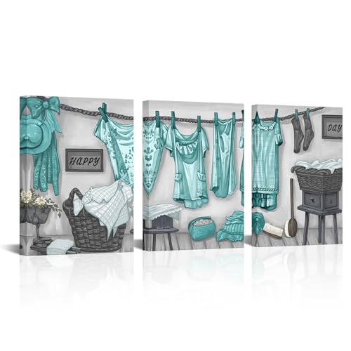 FuShvre Teal Laundry Room Decor Teal and Grey Laundry Sign Laundry Room Pictures Paintings for Home Hotel Framed 12"x16"x3pcs
