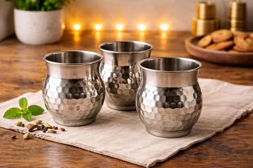 Image of STEEPLE Stainless Steel Kulhad Tea Cups 170 ml | Premium Hammered Tea & Coffee Cups | Steel Kulhad for Chai, Coffee, Milk & Juice | Drinking Cups for Home & Office (Set of 6)