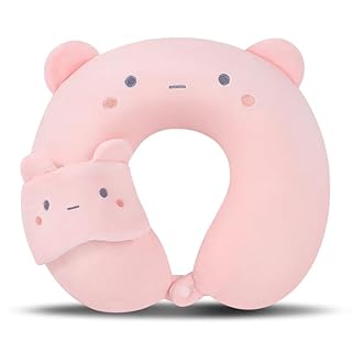 MissSoul Kids Neck Pillow for Travel with Sleep Eye Mask, Cute Travel Neck Pillow, Memory Foam Flight Sleeping Headrest Pillow for Boys & Girls, Airplane, Train, Car, Home Use - Peach Bear