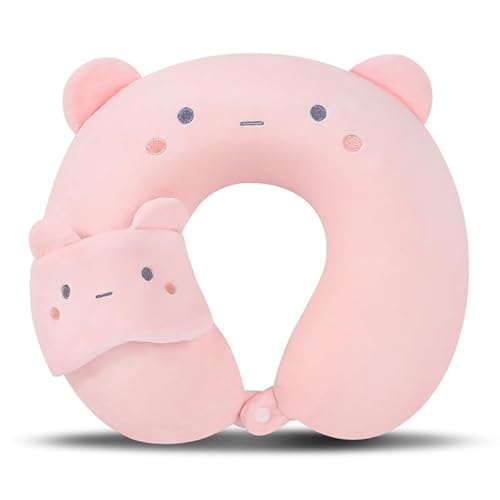 Kids Neck Pillow with Sleep Eye Mask - Peach Bear