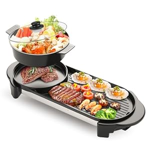 2 in 1 Electric Smokeless Grill and Hot Pot, 2200W Removable Hotpot Pot, Large Capacity Baking Tray, Non-Stick Skillet Pan, Dual Adjustable Temperature, 1-6 People