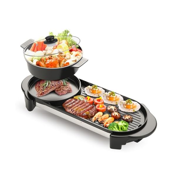 2 in 1 Electric Smokeless Grill and Hot Pot, 2200W Removable Hotpot Pot, Large Capacity Baking Tray, Non-Stick Skillet Pan, Dual Adjustable Temperature, 1-6 People