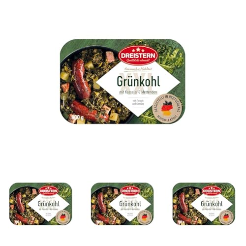 DREISTERN Grünkohl mit Kassler und Mettenden 800g I Herzhaftes Fertiggericht in Mikrowellenschale I Lange Haltbarkeit dank natürlicher Konservierung I Hausmacher Qualität (Packung mit 4)