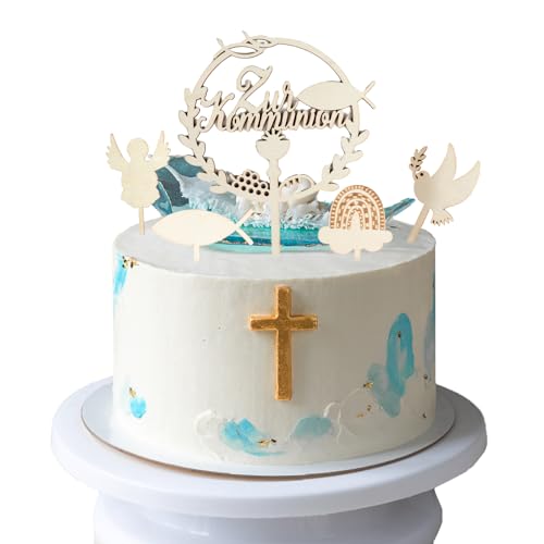 Set de 5 adornos de madera para tarta de bautizo para niños y niñas: Arcoíris, Ángel, Paloma de la Paz, Libro con Cruz y Gorro.