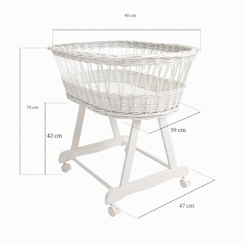 Miniatura 9 de Wiklinopol Moisés Bebé Con Ruedas Y Freno Cesta De Mimbre Natural Con Colchón Y Ropa De Cuna De Algodón 100 Oeko-Tex En Beige Set Completo Para Recién Nacidos Modelo Amelia