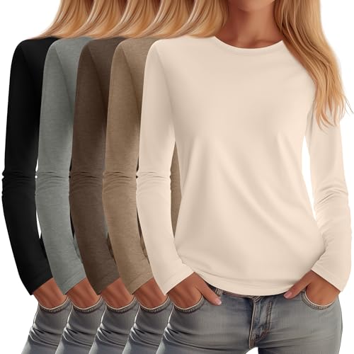 Huukeay 5 Pack Women's Crew Neck Long Sleeve Shirts, Cotton