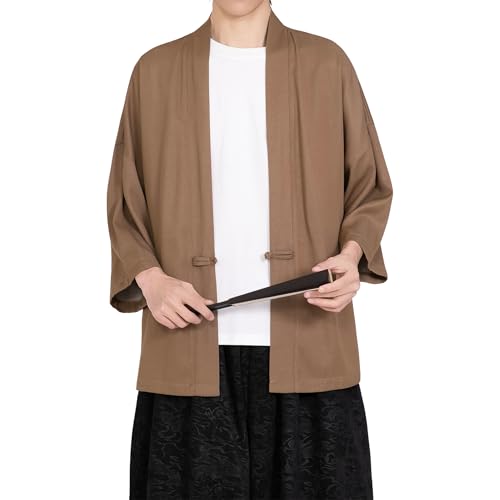 Image of PRIJOUHE Men's Kimono Jackets Cardigan Casual Cotton Blends Linen Seven Sleeve Open Front Embroidery Coat