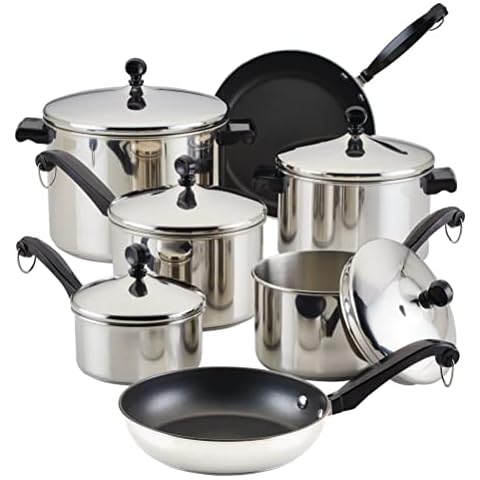 Farberware Classic Stainless Steel Cookware Pots and Pans Set, 15-Piece,50049,Silver Cover